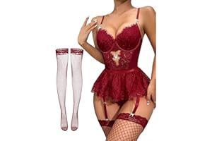 Lilosy Sexy Stocking Rhinestones Heart Garter Underwire Floral Mesh lace Sheer Babydoll Lingerie Teddy Bodysuit Skirt Set