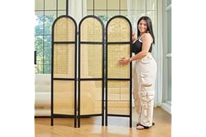 Svimi Room Divider and Folding Privacy Screens, Pine Wood 5.6 Ft Double Hinged Rattan Partition Freestanding Wall Room Divider for Home - 3 Panels