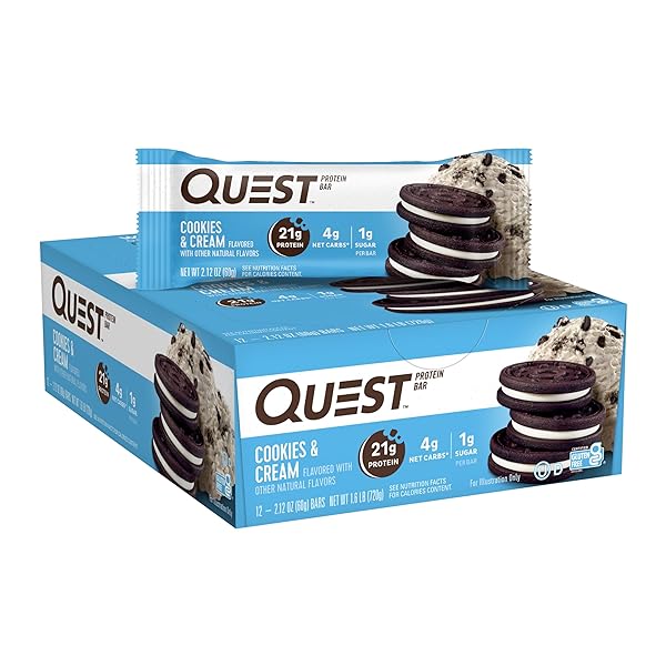 QUEST NUTRITION COOKIES & CREAM PROTEIN BARS, 21G PROTEIN, 1G SUGAR, 4G NET CARB, GLUTEN FREE, KETO FRIENDLY, 12 COUNT