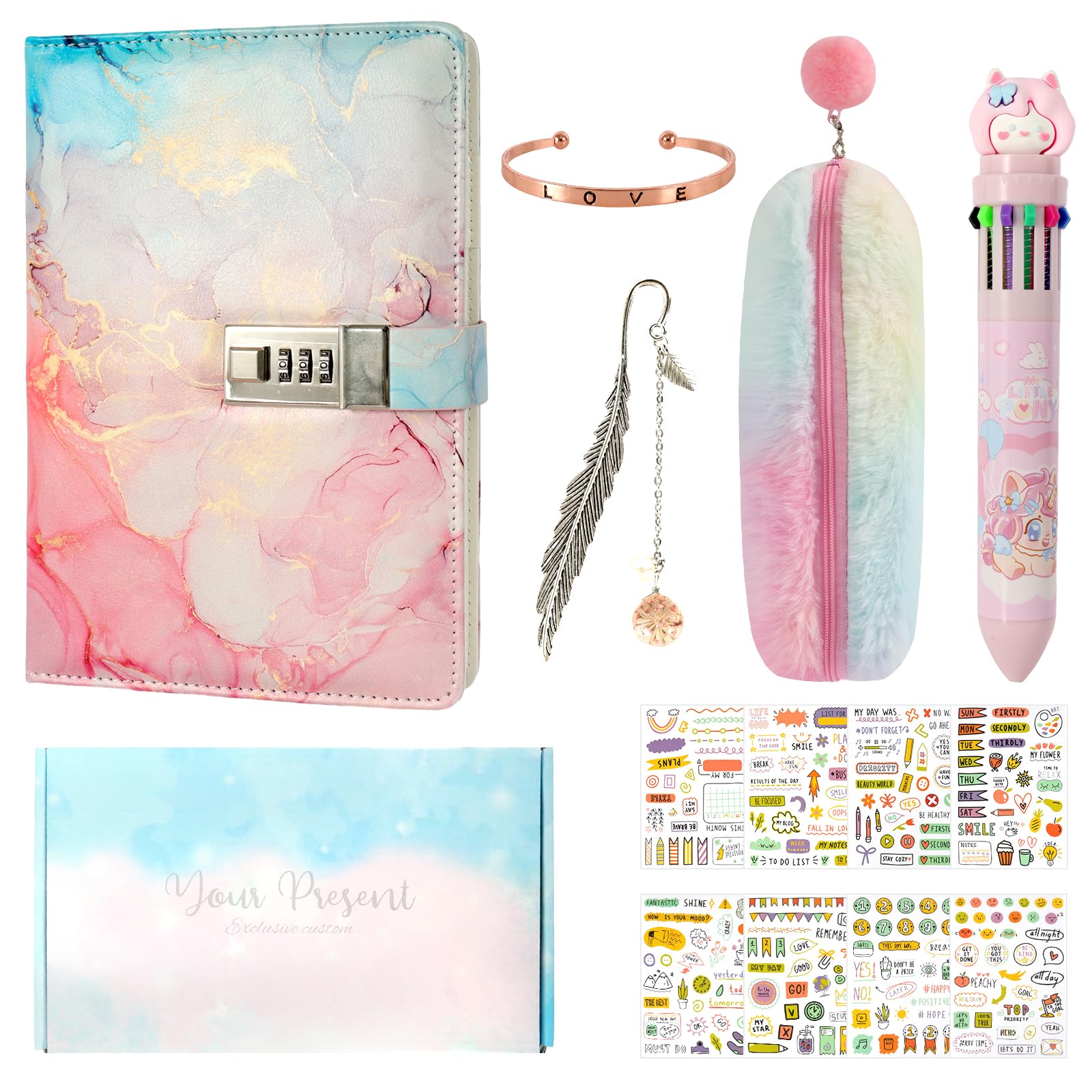 Realjoy Gifts for Girls 7 8 9 10 11 12 13 Year Olds, Secret Diary for Girls, Diary with Lock for Girls, Journal with Lock Stickers Pen Pencil Case Bracelet Bookmarks, Girls Stationary Gift Sets