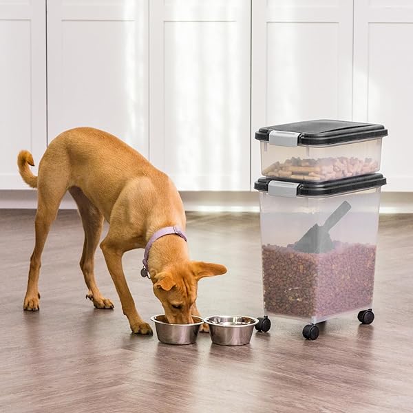IRIS USA DOG FOOD STORAGE CONTAINER, 30 LBS & 11 LBS COMBO, CAT FOOD STORAGE CONTAINER, DOG TREAT CONTAINER, AIRTIGHT, STACKABLE, 2-CUP SCOOP, WHEELS, EASY MOBILITY, BLACK