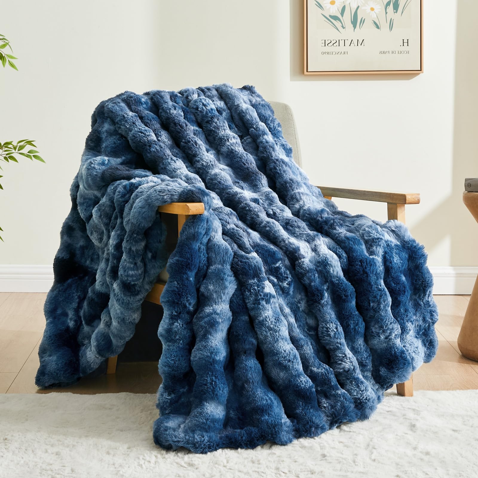 Photo 1 of BEDELITE Faux Fur Throw Blanket for Couch, Decorative Tie-Dye Blue Plush Bubble Blanket - Super Soft & Cozy Fluffy Faux Rabbit Fur Blanket for Women Gift, 50x60 Inches