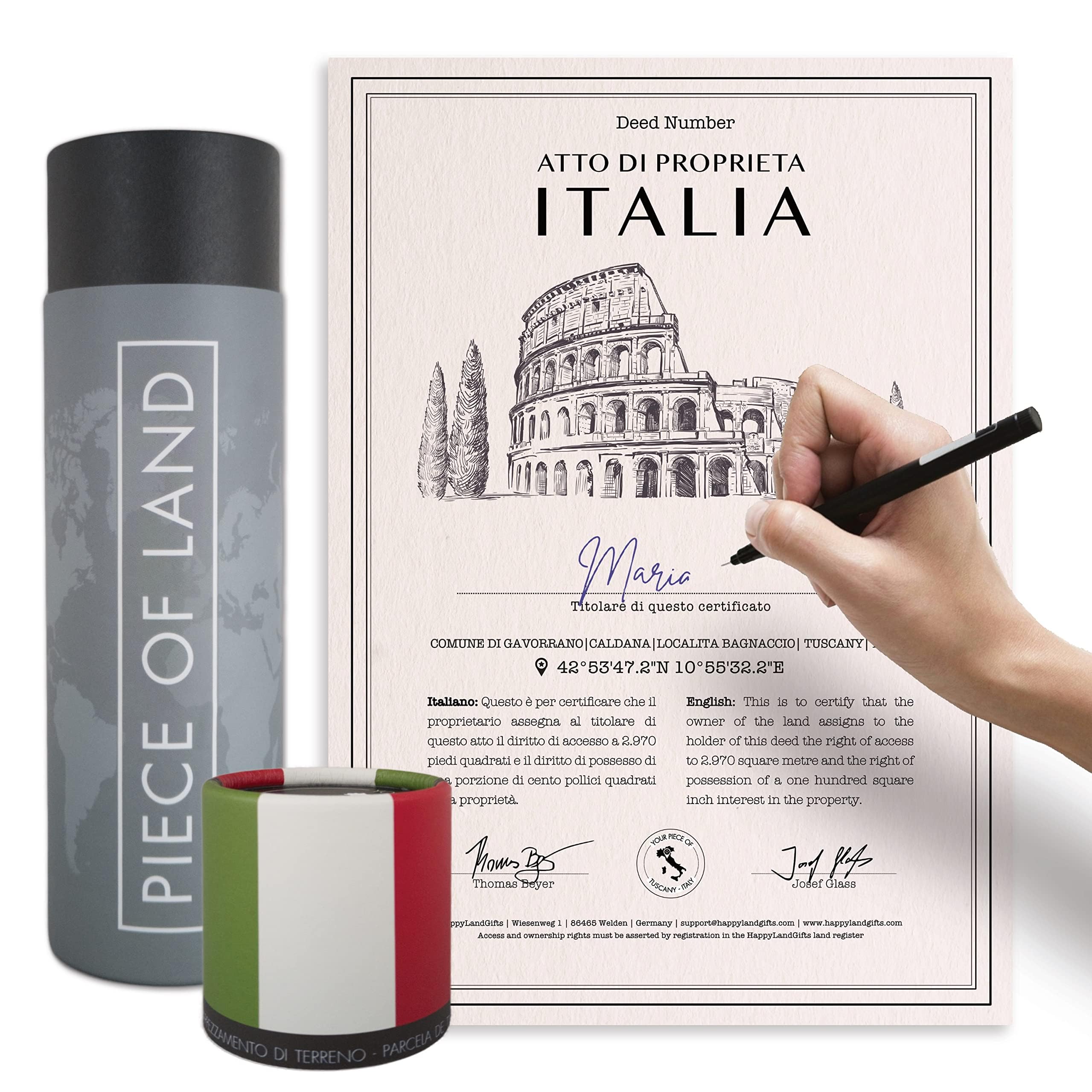 happylandgifts® Real Piece of Land - Italy | Unusual Gift for Family and Friends | Personalized Land Owner's Certificate | Italian Gifts | Rome — image 1