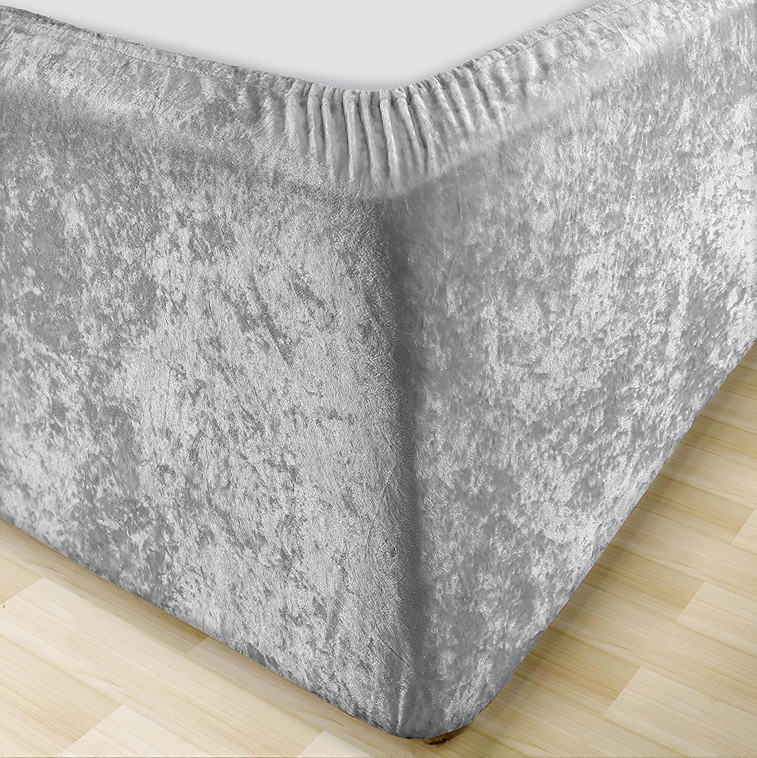 MK Home Textile Crushed Velvet Divan Bed Base Wrap - Silver Grey Deep Fitted Valance Sheet Frame Cover Fully Elasticated Skirt Easy To Fit – Single Double King Super King Size (Silver Grey, SuperKing) — image 1