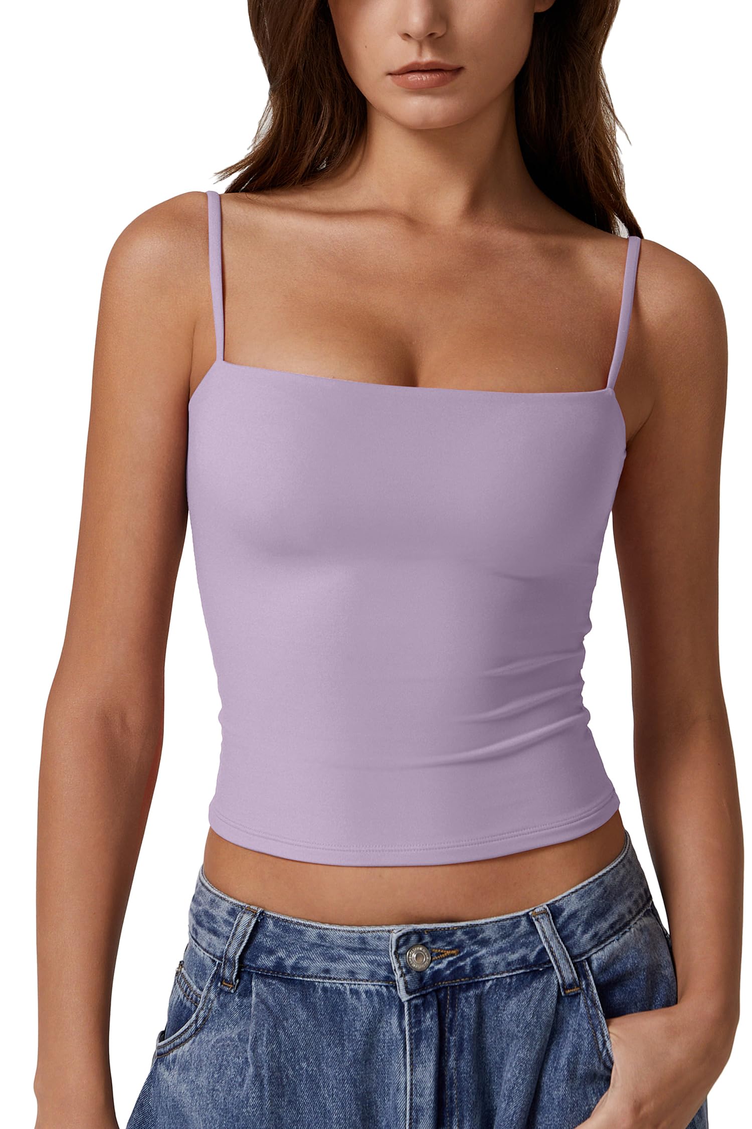 Photo 1 of QINSEN Women's Double Lined Basic Tank Top Adjustable Spaghetti Straps Sleeveless Camisole Shirts Purple S