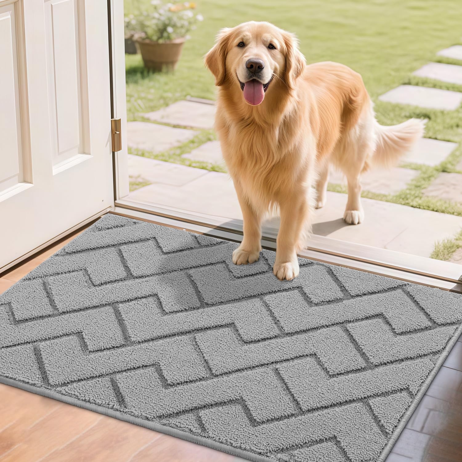 Biscpro Door Mat 60x90cm,Indoor DoorMat Washable,Doormat Indoor Dirt Trapper Non-slip,Absorbent Inside Entrance Rug Floor Mat for Entryway,Patio,Garden,Laundry Room,Pets - Light Grey