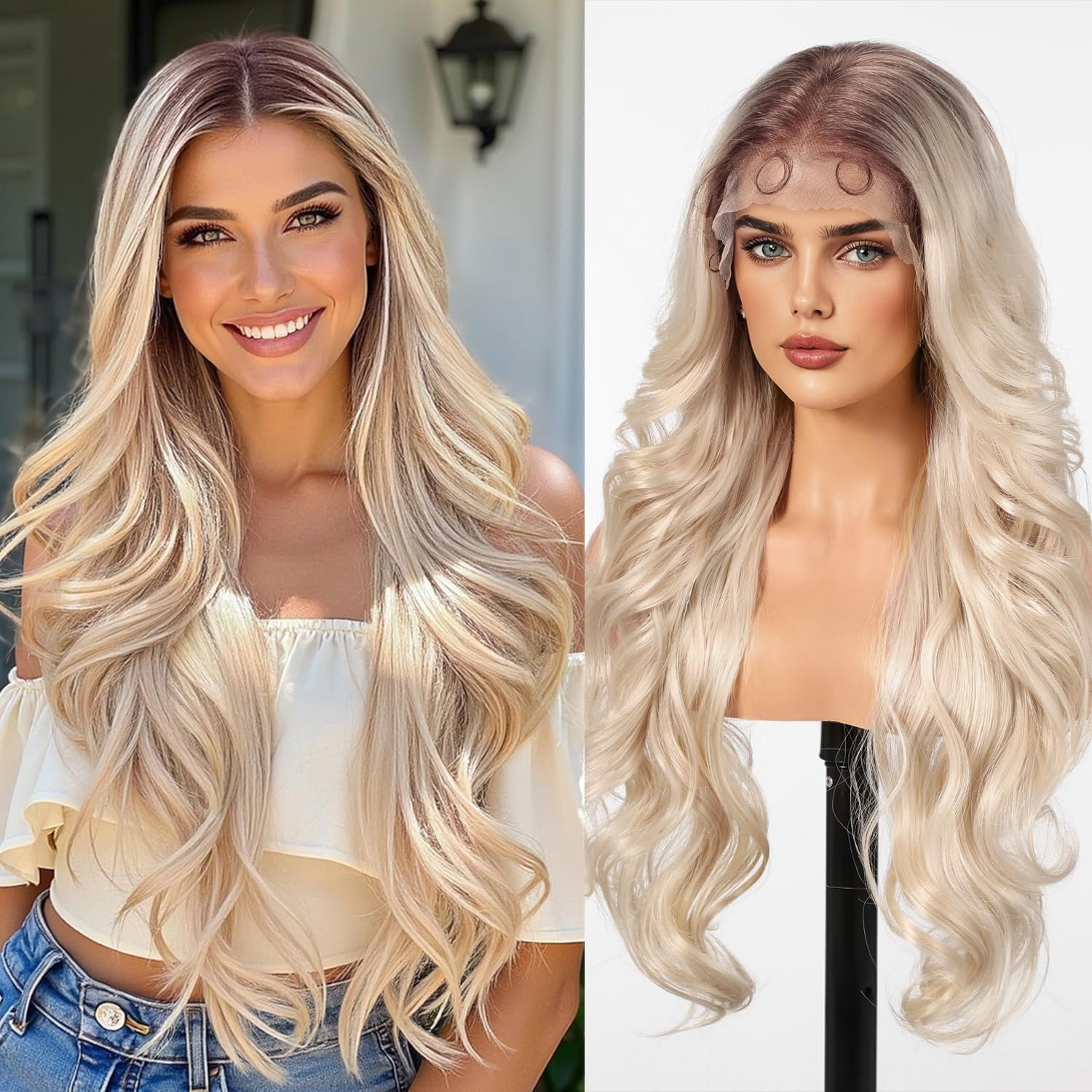 Photo 1 of **PRE-USED / NEEDS TLC / LACE PRE-CUT & DYED LIGHT PINK TOP HALF,HAS HAIR SPRAY & MINOR TANGLES **** testar 13×6 Lace Front Wig Long Blonde Wavy Wigs for White Women Middle Part Body Wave Synthetic Heat-Resistant Fiber Wig for Daily Use 26 IN