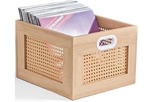 LELELINKY Vinyl Record Storage Crate, Rattan Wooden Record Crate for Vinyls, Vinyl Record Holder with Handle, Multifunctional Records Stand Holder Vinyls Organizer for 75 LPs, Natural