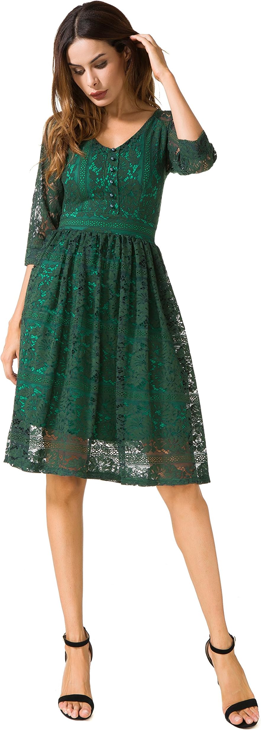AMII Women's A-line V Neck Lace 3/4 Sleeve Knee Length Dress Green M