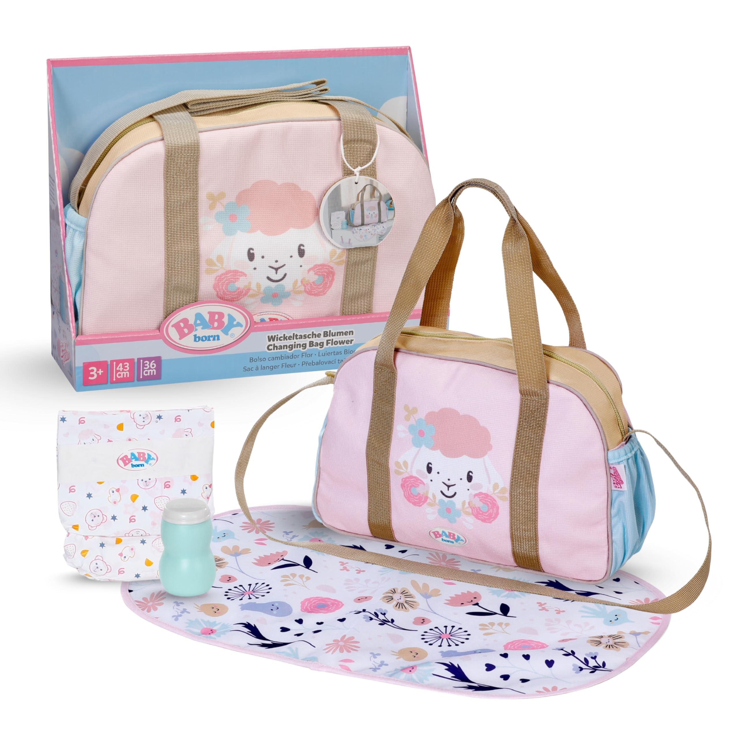 BABY born Changing Bag – Doll Changing Bag with Floral Design – Includes Changing Mat, Diaper & Powder Tin – Premium Doll Accessory – For Dolls sized 36 cm & 43 cm