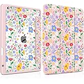 MEEgoodo Case for iPad 10.2 inch,Tablet Cases for iPad 9th Generation 2021/8th Gen 2020/7th Gen 2019 with Clear Acrylic Back Shell+Pencil Holder+Auto Wake/Sleep+Trifold Stand,Flat Spring Floral
