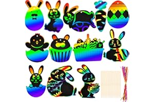 FLAHARD 72 Pcs Easter Scratch Art Rainbow Easter Eggs Bunny Scratch Easter Color Scratchers with 40 Pcs Sticks and 40 Ropes for Kids Easter Party Favor Egg Basket Fillers, 12 Styles