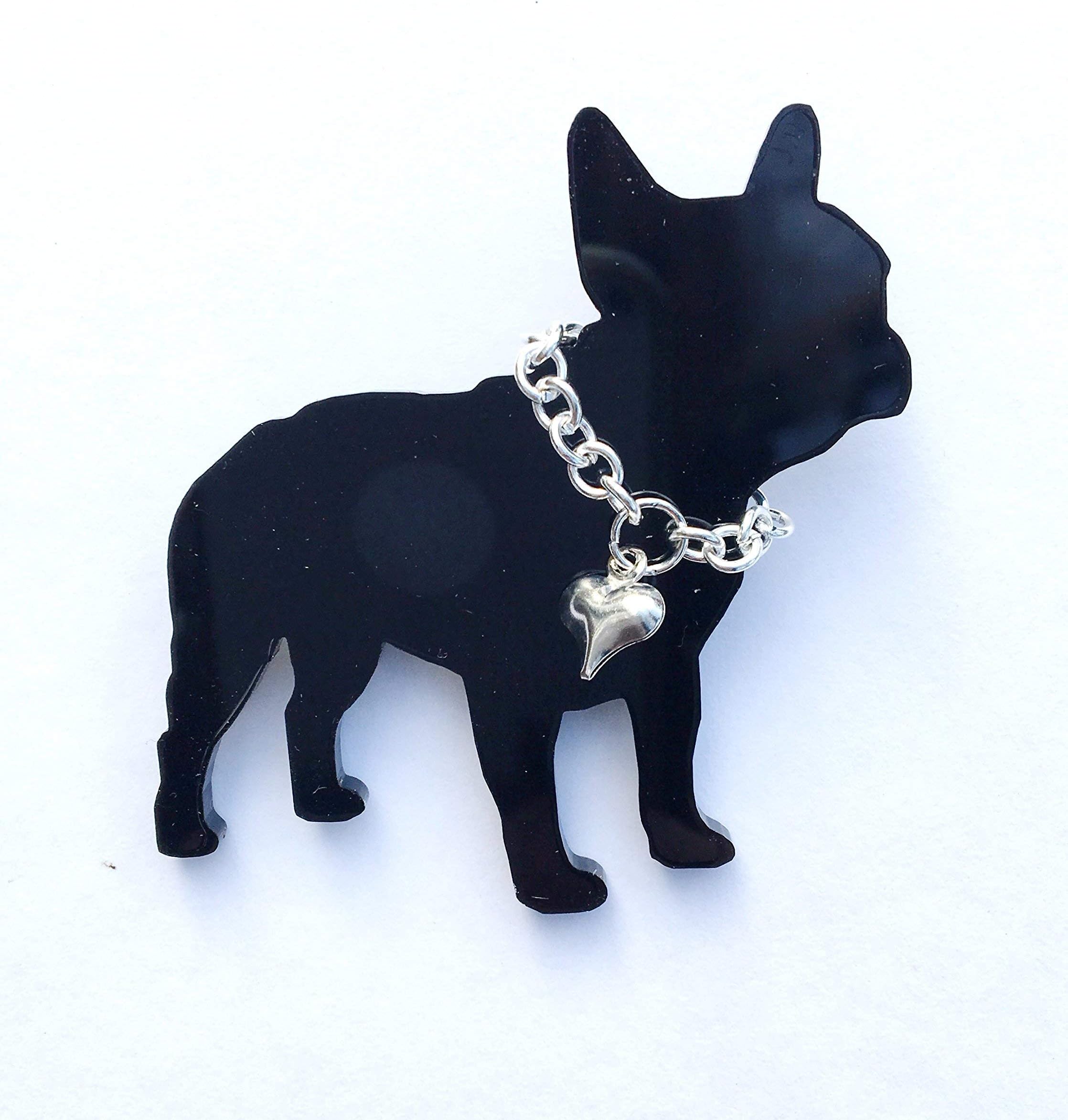 French Bulldog Frenchie Brooch, with Silver Plated Chain Collar & Heart Charm