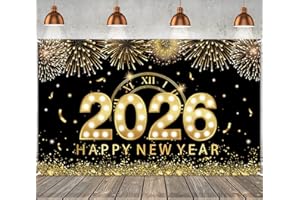 Happy New Year Banner 2026-72x44 Inch Extra Large 2026 Happy New Year Backdrop for Black Gold, New Years Eve Party Decoration