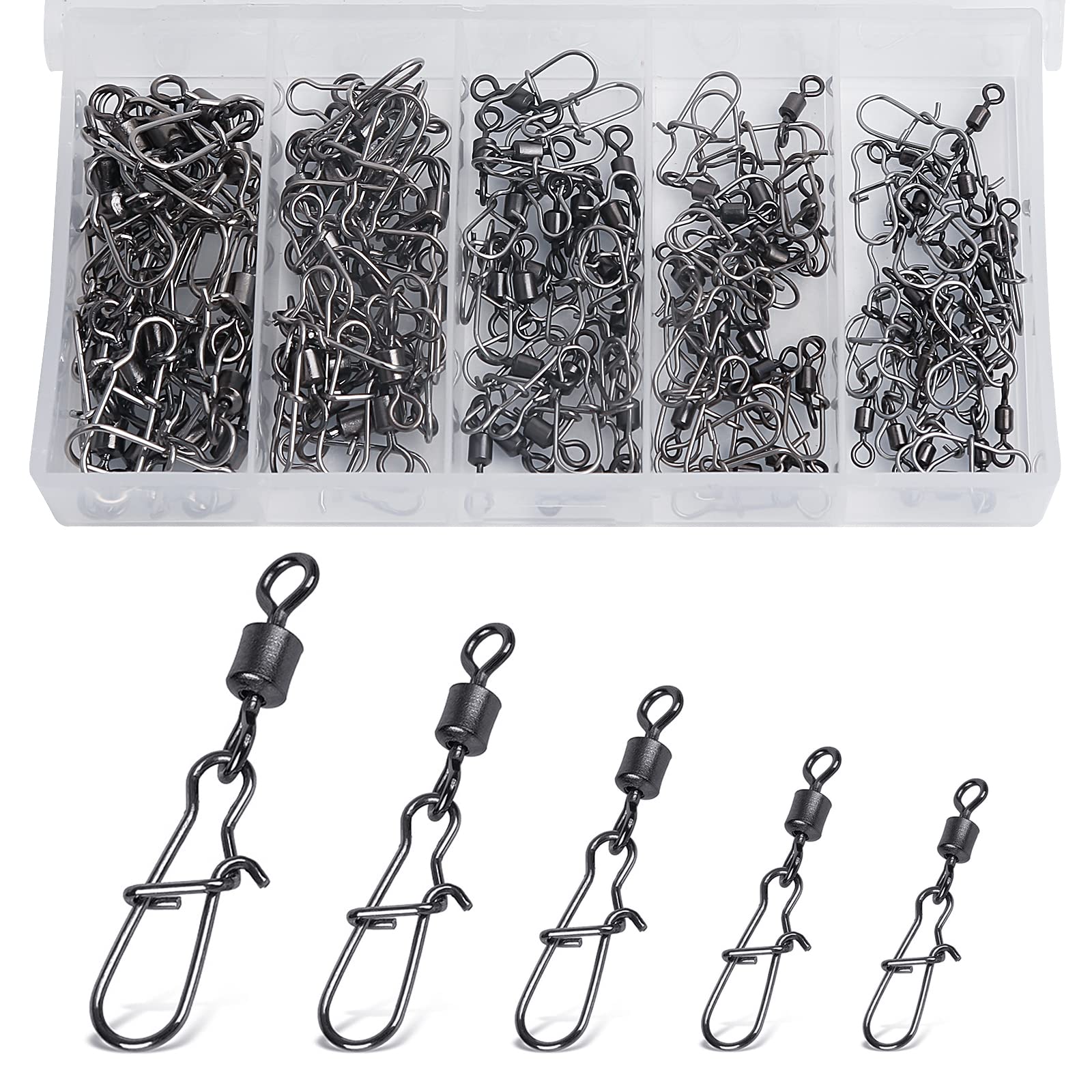 Realure 100 Pcs Rolling Fishing Swivels and Clips, Duo Lock Snaps Swivels for Carp Fishing Accessories Swivels 4# 6# 8# 10# 12# Barrel Fishing Connector Swivel for Sea Fishing Line Hooks Swivels