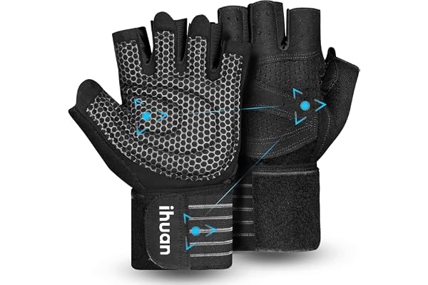 ihuan Ventilated Weight Lifting Gym Workout Gloves with Wrist Wrap Support for Men & Women, Full Palm Protection, for Weightl