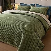 tohrisa King Size Velvet 3-Piece Quilt Set - Ultra Soft Bedding with 2 Pillow Shams, Lightweight Reversible Coverlet Bedspread with Plaid Quilting for All Seasons, Olive Green/White 108x96 Inches
