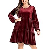 EORANF Women's Velvet Dress Long Sleeve Loose Flowy Swing Tunic Velvet Dress Plus Size Dress with Pocket