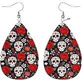 Zokola Leather Earrings For Women Day Of The Dead, Mexican Sugar Skulls And Flowers Dangle Earrings Eardrop Earrings For Teen Friends Teardrop Jewelry Earrings