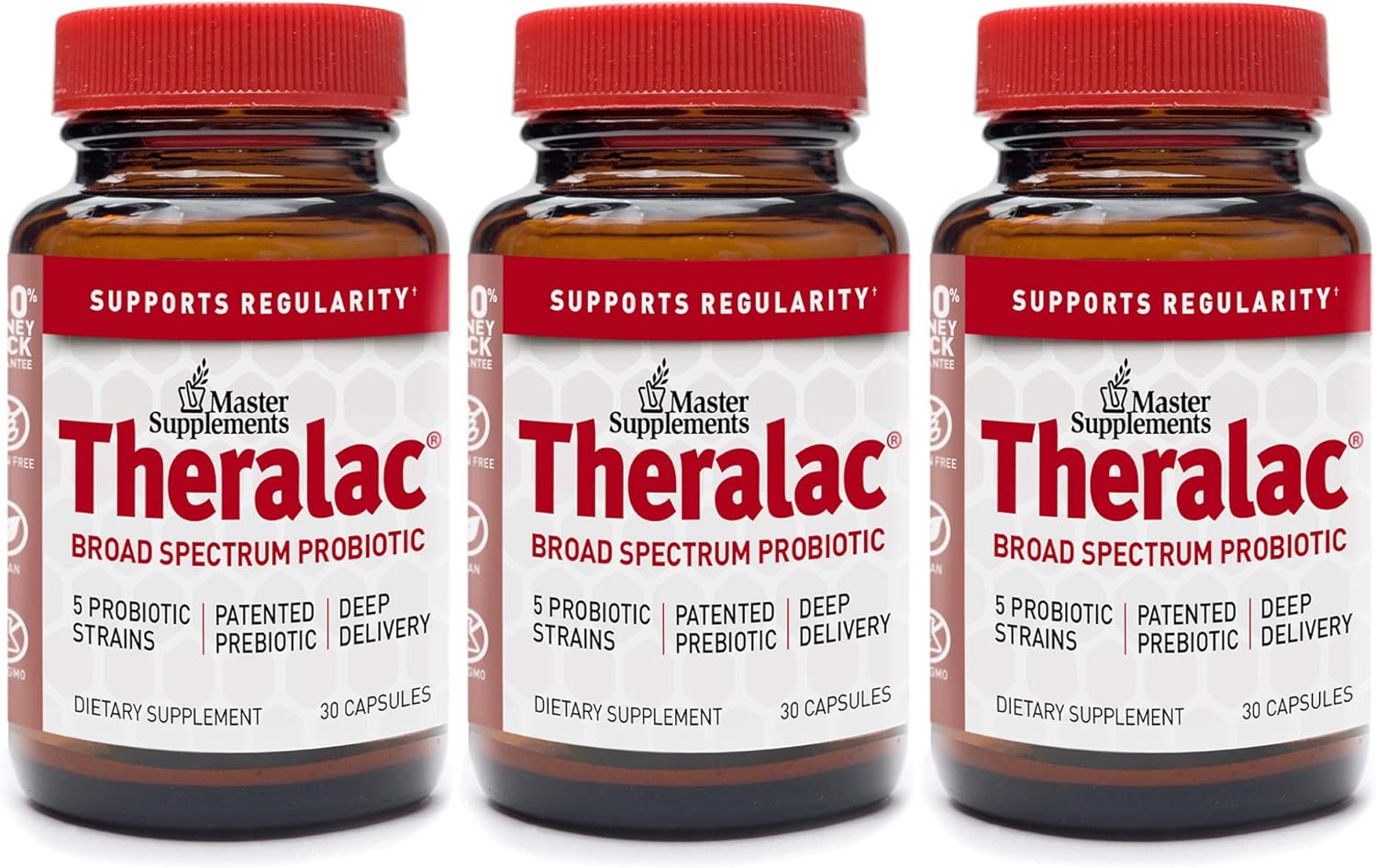 Master Supplements Theralac (3 Pack) - 30 Vegan Capsules - Multi Strain Probiotic for Optimal Gut Health, Immune Booster, Gas and Bloating Relief - Gluten Free - 30 Servings