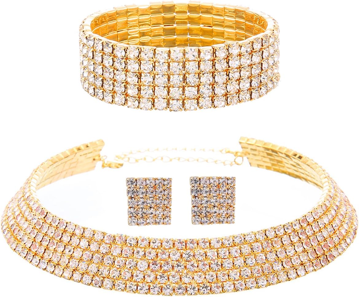 FANCY LOVE Circle Crystal Rhinestone Bridal Necklace Earrings and Bracelet Jewelry Sets (5 row gold)