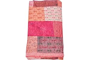 GDONLINE Indian Handmade Quilt Indian Silk Sari Kantha Quilted Patchwork, Silk Kantha Blanket Throw, Boho Vintage Bedspreads Peach 60" x 40"