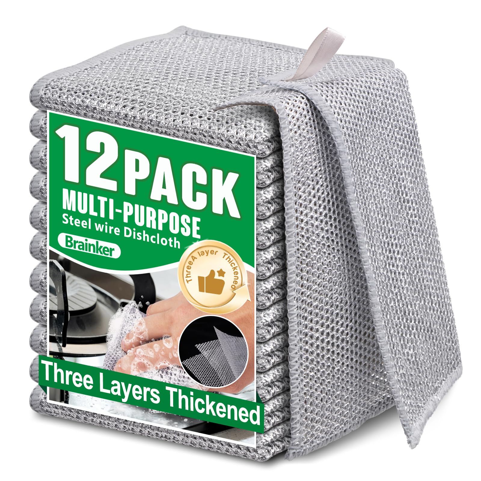 Photo 1 of 12pcs Non Scratch Wire Dishcloth Multipurpose Reuseable 3Layer Steel Wool Cleaning Cloths Wire Dishwashing Rags Miracle Metal Dish Cloth for Kitchen Furniture Office Stoves Cookers Sinks Dishes garage