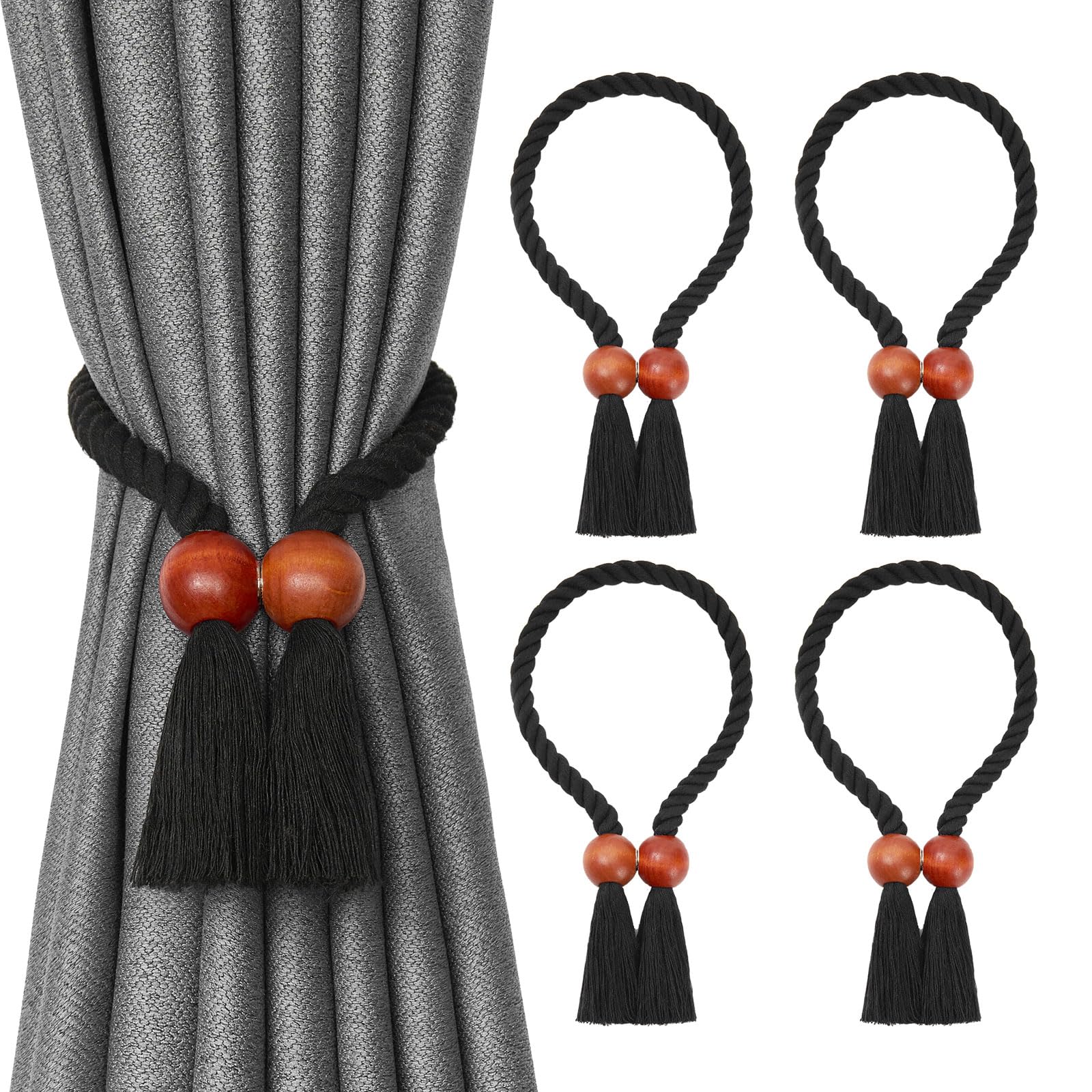 Pretty Jolly 4 Pack Wooden Ball Magnetic Curtain Tiebacks Boho Home Decor Drape Tie Backs Natural Cotton Hand Woven Rope Curtain Holdbacks for Thin & Thick Home & Office Window Draperies (B-Black)