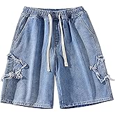 ZUNQKG Womens Y2k Baggy Jorts-Drawstring Star Patchwork Wide Leg Jean Shorts with Pockets
