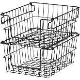 TRINITY Set of 2 11" Stackable Metal Wire Storage Baskets w Handles, Black | Industrial-Style Baskets For Shelves, Closet, Pantry Organization
