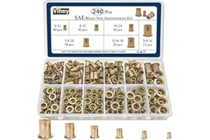 Vifmy SAE Rivet Nut Assortment Kit(240Pcs),#6-32#8-32#10-24 1/4"-20 5/16"-18 3/8"-16 UNC Rivnut Threaded Insert Nut Set,Zinc 