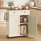 VASAGLE Mobile Kitchen Wooden Island Cart with Storage for Dining Room | Portable Mobile Cart on Wheels , 15.8 x 30.9 x 35.1 Inches, Rustic White and Honey Brown, SIREN Collection UKKI009WJ01S