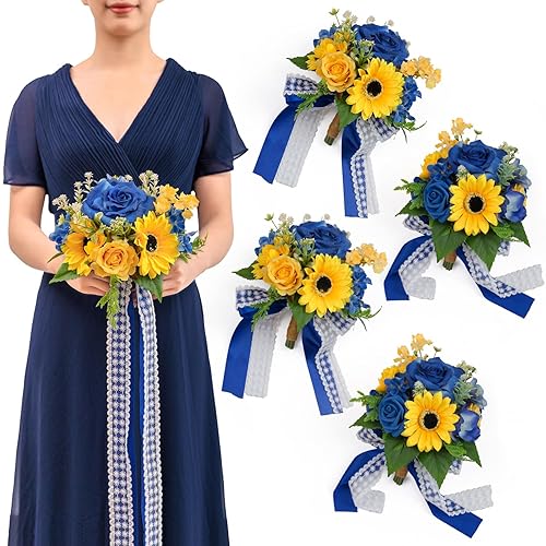 TINGE TIME Bridesmaid Bouquets for Wedding Set of 4 Sunflower & Royal Blue 7 Inch Wedding Bouquets Artificial Silk Flowers Bridal Bouquets for Bridesmaids, Wedding Decor, Anniversary
