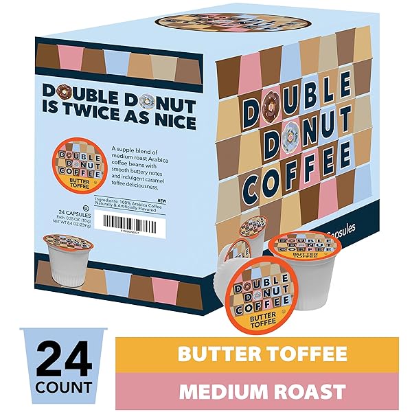 DOUBLE DONUT FLAVORED COFFEE PODS,BUTTER TOFFEE COFFEE, SINGLE SERVE MEDIUM ROAST COFFEE FOR KEURIG K CUPS BREWERS, 24 COUNT