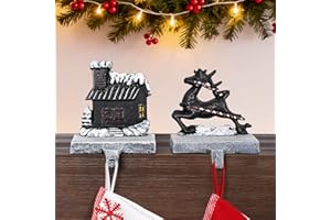 INNO STAGE Christmas Stocking Holders for Mantle Set of 2, Heavy Duty Cast lron Stocking Holder with Non-Slip Base, Reindeer Cottage Stocking Hooks, Stocking Hangers for Fireplace Shelf Table Decor