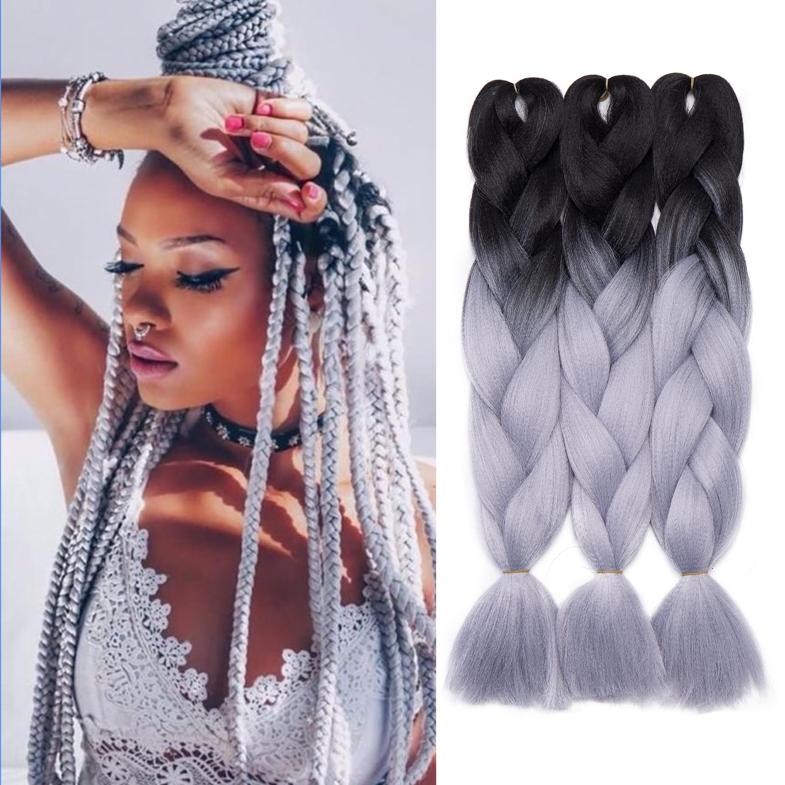 Braiding Hair 24inch 3 Pieces Ombre Afro Twist Braids Hair Extensions Crochet Box Synthetic Jumbo Braids [300g, Black-Grey] — image 1