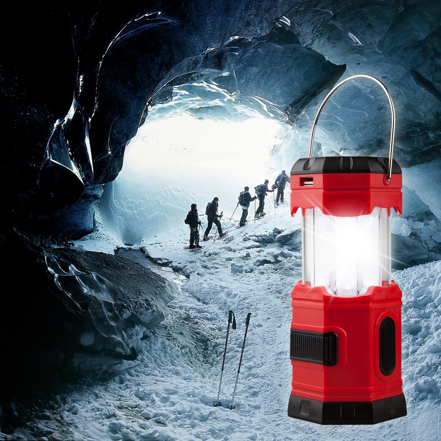 TANSOREN 2 PACK Portable LED Camping Lantern Solar USB Rechargeable or 3 AA Power Supply, Built-in Power Bank Compati Android Charge, Waterproof Collapsible Emergency LED Light with"S" Hook: Home Improvement