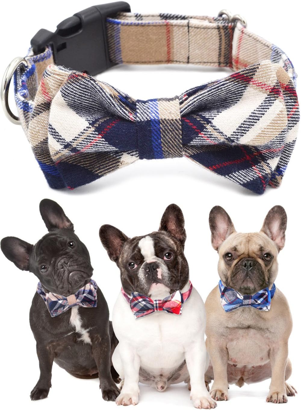 Freezx Dog Collar with Bow Tie - Adjustable 100% Hand Made Cotton Design - Cute Fashion Dog Collars with Bow Ties for Small Medium Large Dogs - Red,Brown,Blue,Green,Yellow Plaid Stripe Pattern