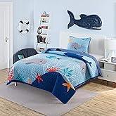 Soul & Lane Ocean Explorer Quilt Set - Twin Size with 1 Sham, Kids Ocean Themed Quilted Bedspread with Whales and Sea Life, Lightweight Nautical Bedding for Toddlers and Kids