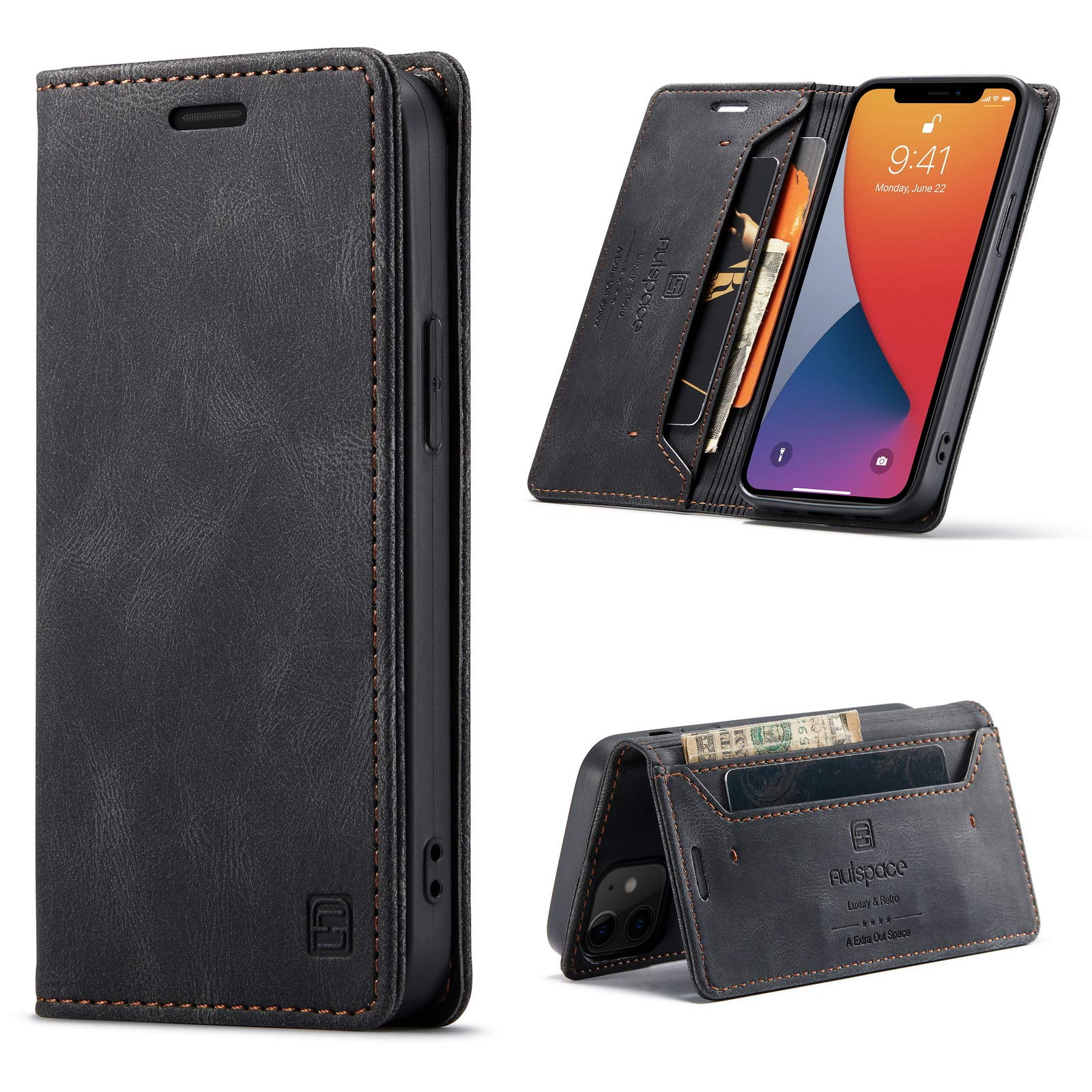 EYZUTAK Case for iPhone 12 Pro Max 6.7 inch, Retro Matte Protective Leather Case with RFID Blocking Viewing Stand Magnetic Closure TPU Shell Flip Cover - Black