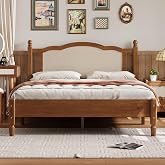 Harper &amp; Bright Designs Vintage Retro Queen Bed Frame with Rattan Headboard, Wooden Queen Bed Frame with Under-Bed Storage, Sturdy Support System, No Box Spring Needed, Easily Assemble, Walnut