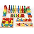 TOWO Wooden Geometric Shapes Stacking Rings and Fractions Boards 8 in 1 Set Puzzles- Shape Sorter Sorting Toy Stacking Game – Montessori Materials Educational Learning Toys for 3 4 5 6 Years