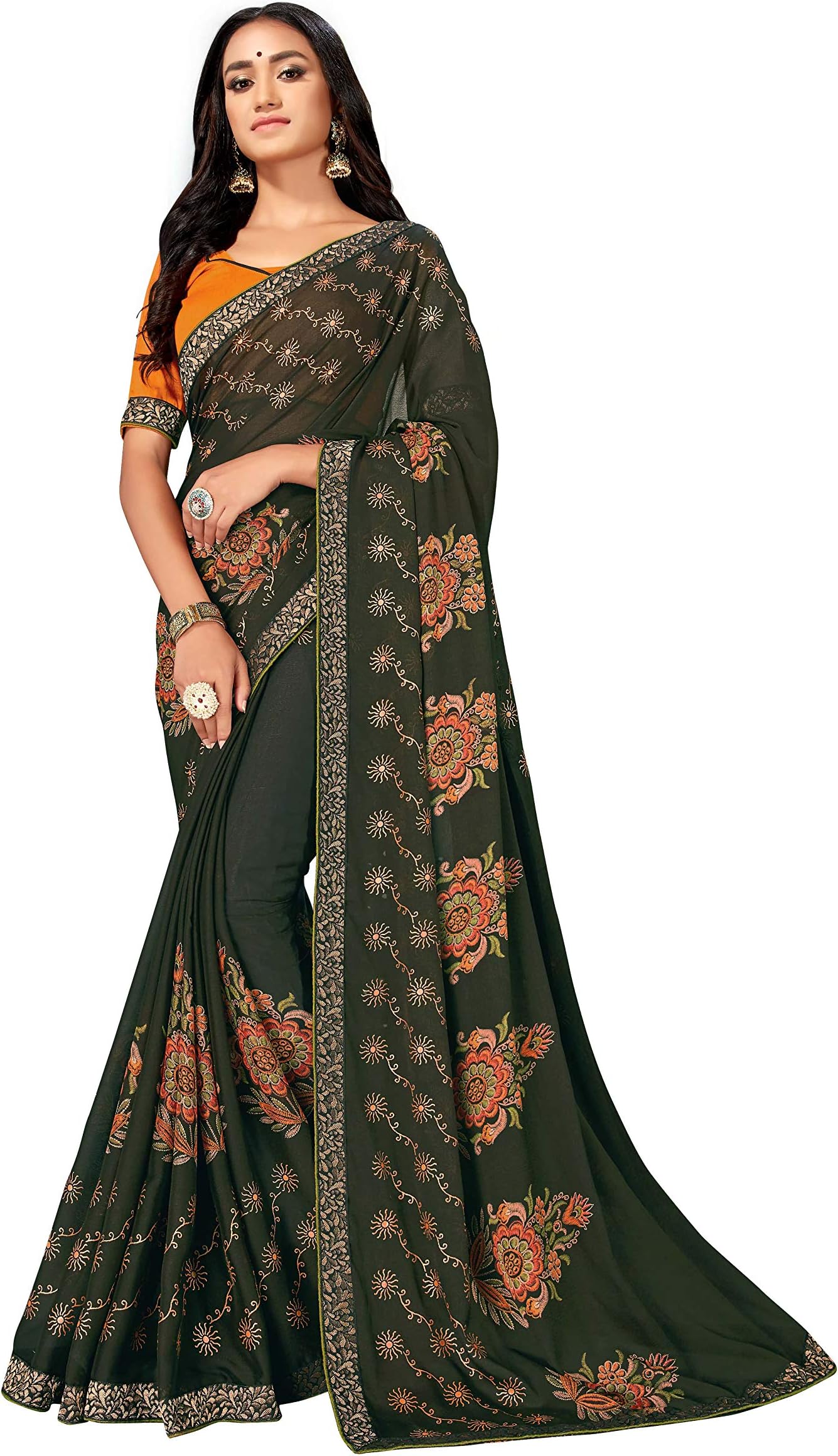 Women's Plain Georgette Saree With Blouse Piece (ST695_Green)