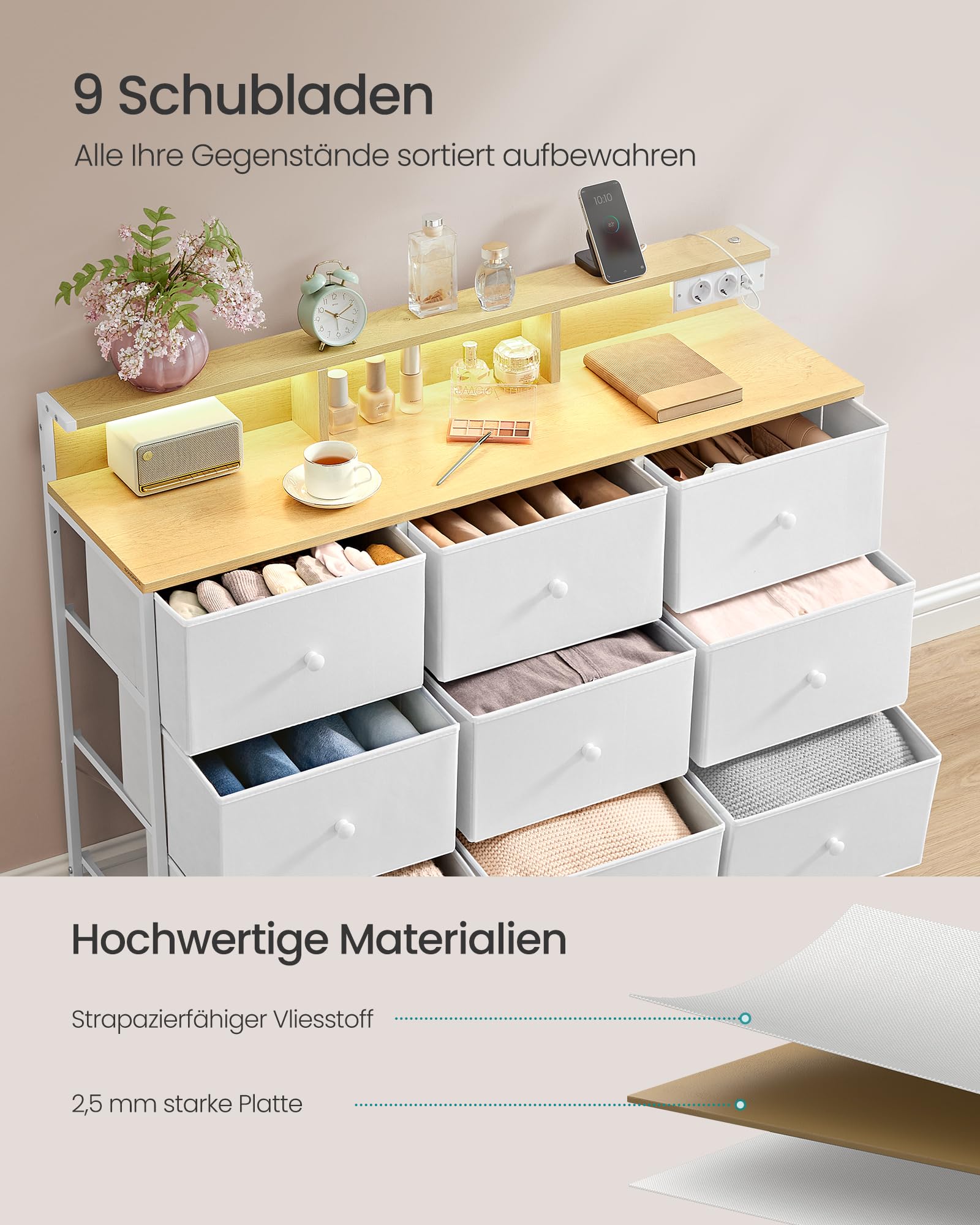 SONGMICS Kommode, Aufbewahrungsschrank mit 9 Schubladen und LED-Beleuchtung, Steckdosenleiste, Stahlrahmen, 33,5 x 114 x 84 cm, für Schlafzimmer, Wohnzimmer, wolkenweiß LTS519W02 5