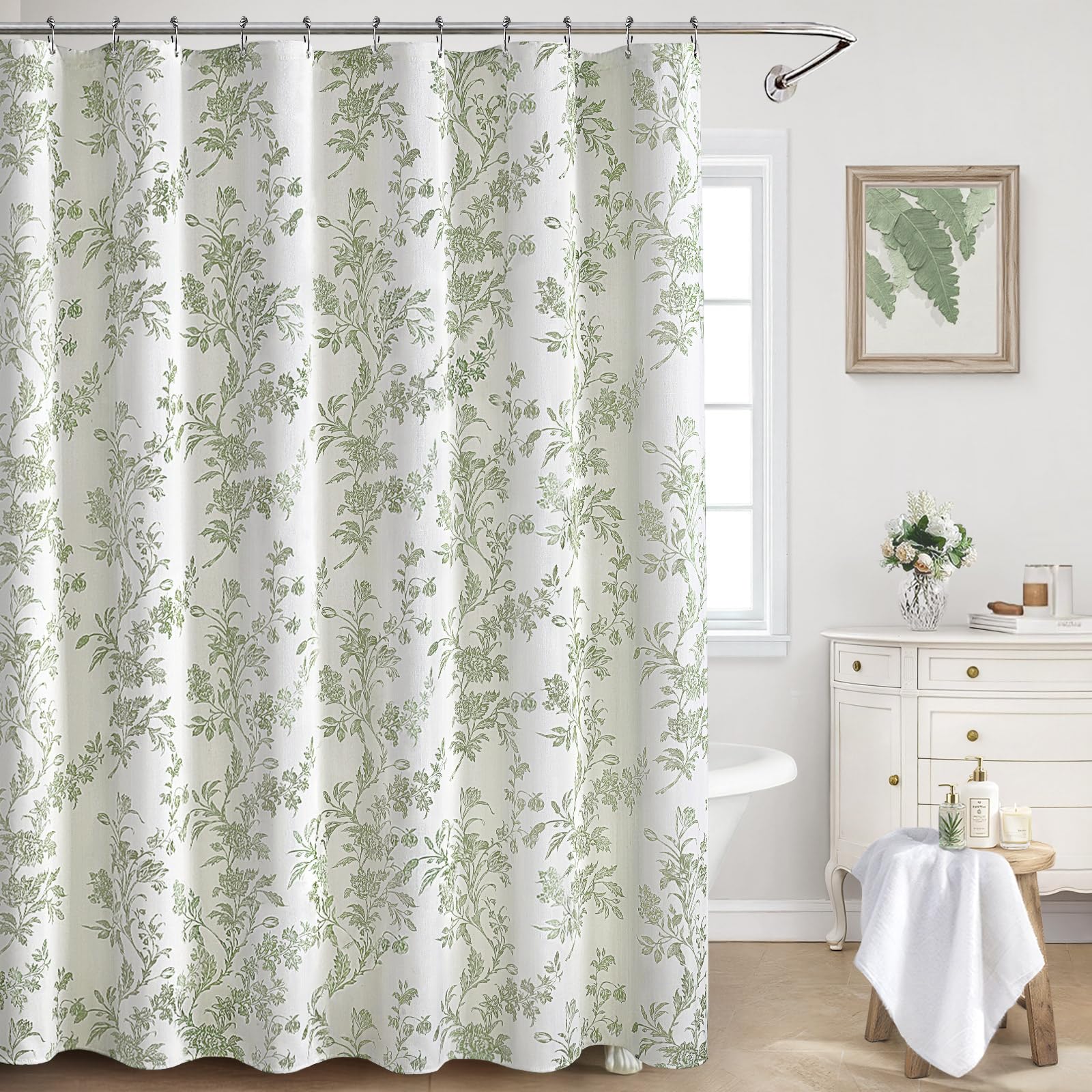 XOGUIBO Sage Green Floral Shower Curtain,Vintage Cotton Cottagecore Shower Curtains for Bathroom, 72" W x 72" L