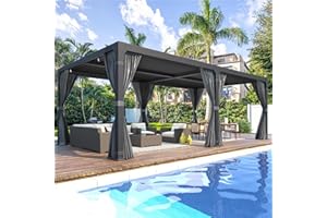 MELLCOM Louvered Pergola 12x24, Aluminum With Adjustable Roof, Outdoor With Waterproof Curtains and Nets, Dark Grey