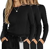Sweetyweee 3 Pack Women's Ribbed Knit Underscrub Shirts, Cotton Long Sleeve Scrub Undershirt Crewneck Top Basic Tee for Nurse