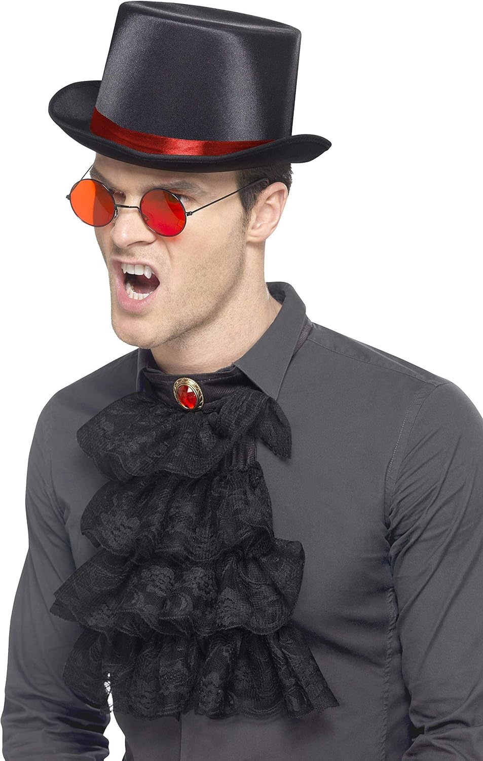 Smiffys Gothic Kit, with Elastic Inner Rim Top Hat, Red & Glasses & Neck Ruffle, Halloween Fancy Dress Accessory