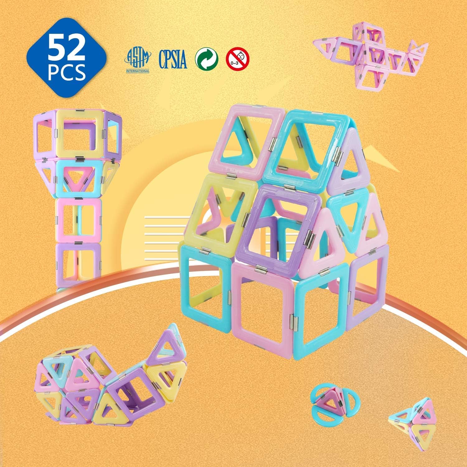 Magnetic 3D Magnet Toys 52 Pieces Set for Toddlers Boys Girls Gift Magnetic Building Blocks with Candy Color Toys: Toys & Games