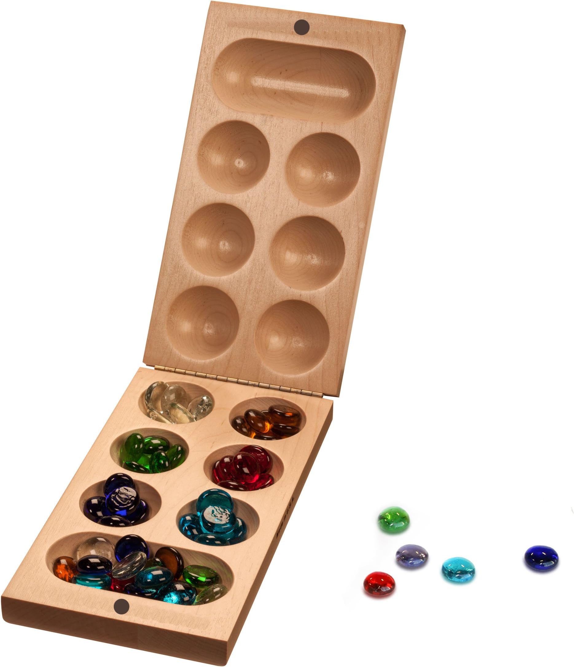 Folding Mancala Game - Solid Maple Wood & Glass Stones (Made in USA)